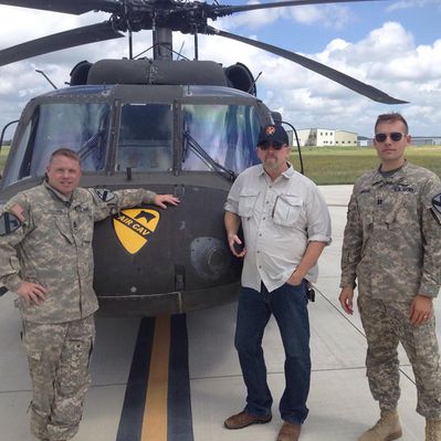 First Sargeant Michael Brown, Mike Scovel and Captain Timothy Simmons the outgoing Commanding Officer of A/3-227 ACB
Michael Brown Photo
A/3-227 flew four aircraft into Fredericksburg Texas airfield and met up with Mike Scovel for lunch.

