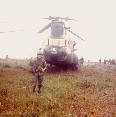 Doc McBride & Chinook at LZ Stud April 68
Doc McBride Photo

From Bob Witt. "Doc Mcbride, Mike Sprayberry's medic at LZ Tiger, took these pictures on his return trip to Vietnam. He returned the A Shau to look for his unit's MIA's lost at Tiger. Doc fortunately survived serious wounds received on the road below Tiger on April 25, 1968. Mike Sprayberry received the MOH for going out that night to rescue Doc & the rest of his patrol. Their unit was on board for the first Combat Assault's into LZ Tiger."

