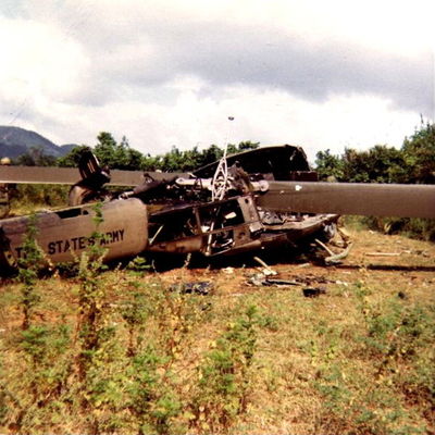 Downed Helicopter Nov 67
Doc McBride Photo

From Bob Witt. "Doc Mcbride, Mike Sprayberry's medic at LZ Tiger, took these pictures on his return trip to Vietnam. He returned the A Shau to look for his unit's MIA's lost at Tiger. Doc fortunately survived serious wounds received on the road below Tiger on April 25, 1968. Mike Sprayberry received the MOH for going out that night to rescue Doc & the rest of his patrol. Their unit was on board for the first Combat Assault's into LZ Tiger."
