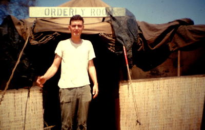Keller at the Orderly Room
Robert Keller Photo

A/227 Company Area
Boyce Mckinney was the XO - a good one.
An Khe 1965 - 1966
