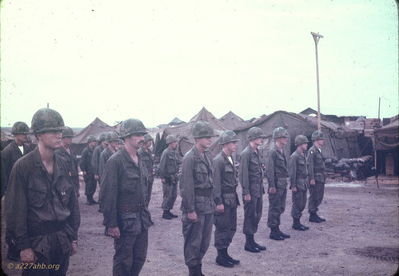 Bert Williams Photo
Camp Evans AO


Identified by Bob Witt and Nick Johnson as:
Front Row (Left to right):
David Dewey,  James Tornillo, Nick Johnson, Robert Edwards, Unknown, Neal Heape, Unknown, Joe Potvin (101st Patch)
