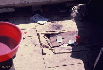 Hole from mortar shell
Bob Kelly Photo

81mm mortar crashed through my floor before dawn. Tent was down. I crawled to get pillow and knelt on mortar without knowing till daylight. More than my share of luck all year.

