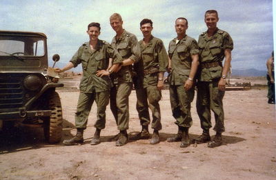 A/227 Officers
Photo from Mrs. Petersen

Left to Right: LT Al Davidson (Maitenance Officer), LT Jay Dirnberger (Platoon Leader), LT Jim Tornillo (Platoon Leader), CPT Fred Zabarsky (Executive Officer), and MAJ Darwin "Pete" Petersen (Commanding Officer).

Early 1968 at Camp Evans

