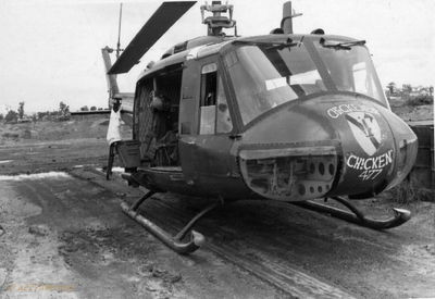 UH-1H 68-16477
John Green Photo

From Bob Witt: "I believe this is the A/C John Green was crew chief on, possibly at Pleiku."

Keywords: nose art