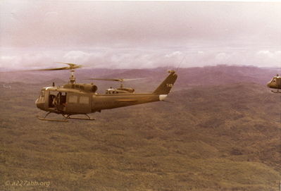Formation Flight
Larry "Sonny" Buchanan Photo

Second row back in which I am a T.O/passenger. The UH-1 # 749er is clearly visible. It is the subject of a crash I read about on one of the pages.

