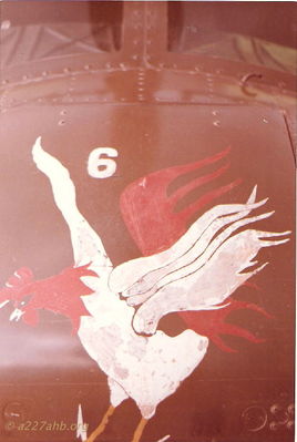 Chickenman 6 Nose Art
Terry Moore Photo

Chickenman 6 Major Adams aircraft #510 This was his regular aircraft but not the one he died in.
Myself and others from the first flight platoon stole the (Battery) cover when Major Adam's replacement arrived as we didn't think he deserved to fly that cover. It was later returned as we didn't know what else to do with it as we sobered-up the next day.
Keywords: nose art