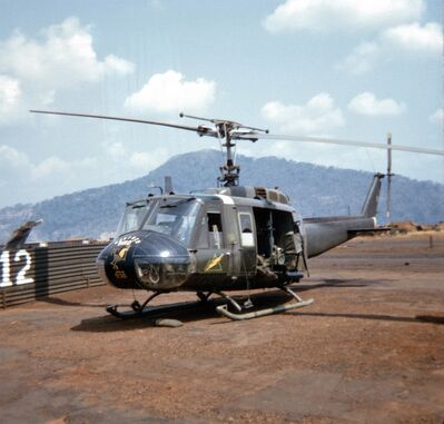 UH=1H  66-16639   "Brother Chicken"   Lai Khe, October, 1970
Photo from Blogspot - sourced from centaursinvietnam.org
Keywords: brother chicken noseart