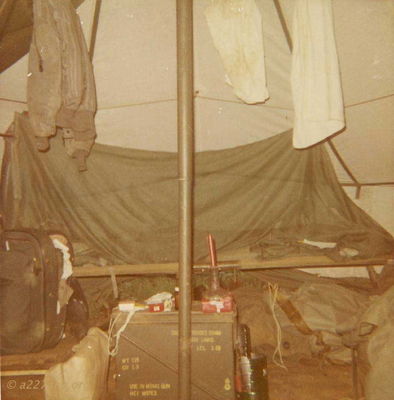 Sleeping Quarters
John Keller Photo

Hex tent sleeping quarters at LZ Oasis, November/December 1966, 3 officers to a tent.

