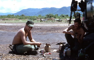 Herschel Ryan & Chuck Bell
Hershel Ryan Photo

A/227 1LT HerschelL Ryan, FEB 67 to FEB 68(left)
WO1 Chuck Bell, MAR 67 to MAR 68
A box lunch on the ground at Song Mao, Northeast of LZ Betty

