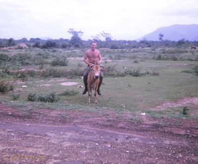 Cowboy Dave Armstrong
John LaDue Photo

This photo shows 1st Plt., D/227th Crew Chief, "Cowboy" Dave Armstrong. Sometimes Dave took the Cavalry thing a little too literally. :-) There was a herd of free ranging cattle in the Le Hong Phong forest, north of Phan Thiet. I believe we had some discussions about, whether or not one of these scrawny cows would taste better than the "Mystery Meat" served in the Mess tent. We figured that these cows would be about as chewy as an old Flak Jacket, so it was a toss up. :-)

