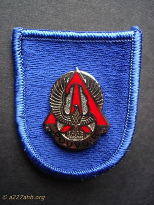 I believe this is the new beret flash/DI for the A/227th.  I understand they wore a dark blue beret??
Dennis Burden Collection
