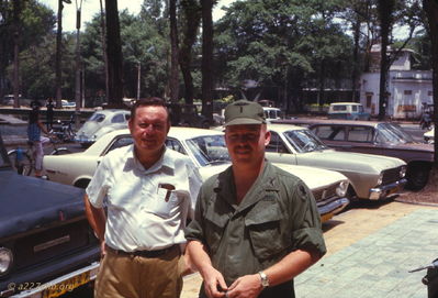 A number of us who went to flight school together and arrived in Vietnam together were able to arrange a mini R&R in Saigon. 
Wayne Trucke Photo

 Unknown and Trotter 1969 
